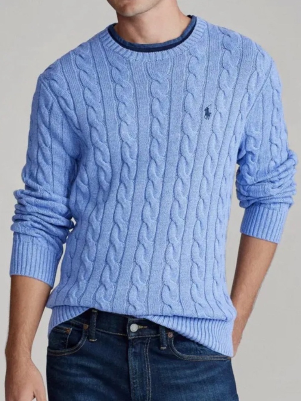 Polo Ralph Lauren 100% Cotton Cable Knit Crewneck Sweater Light Blue Sz M